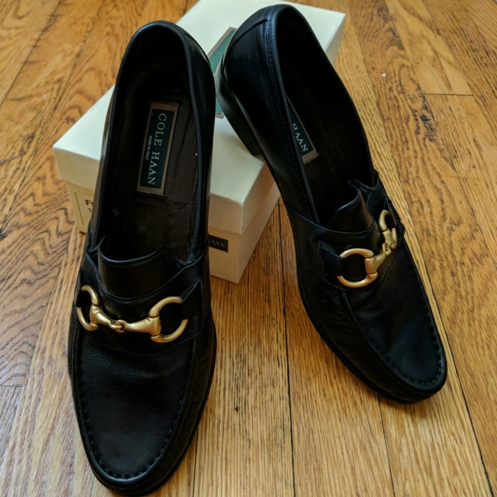 Cole Haan black loafers, gold toggle
